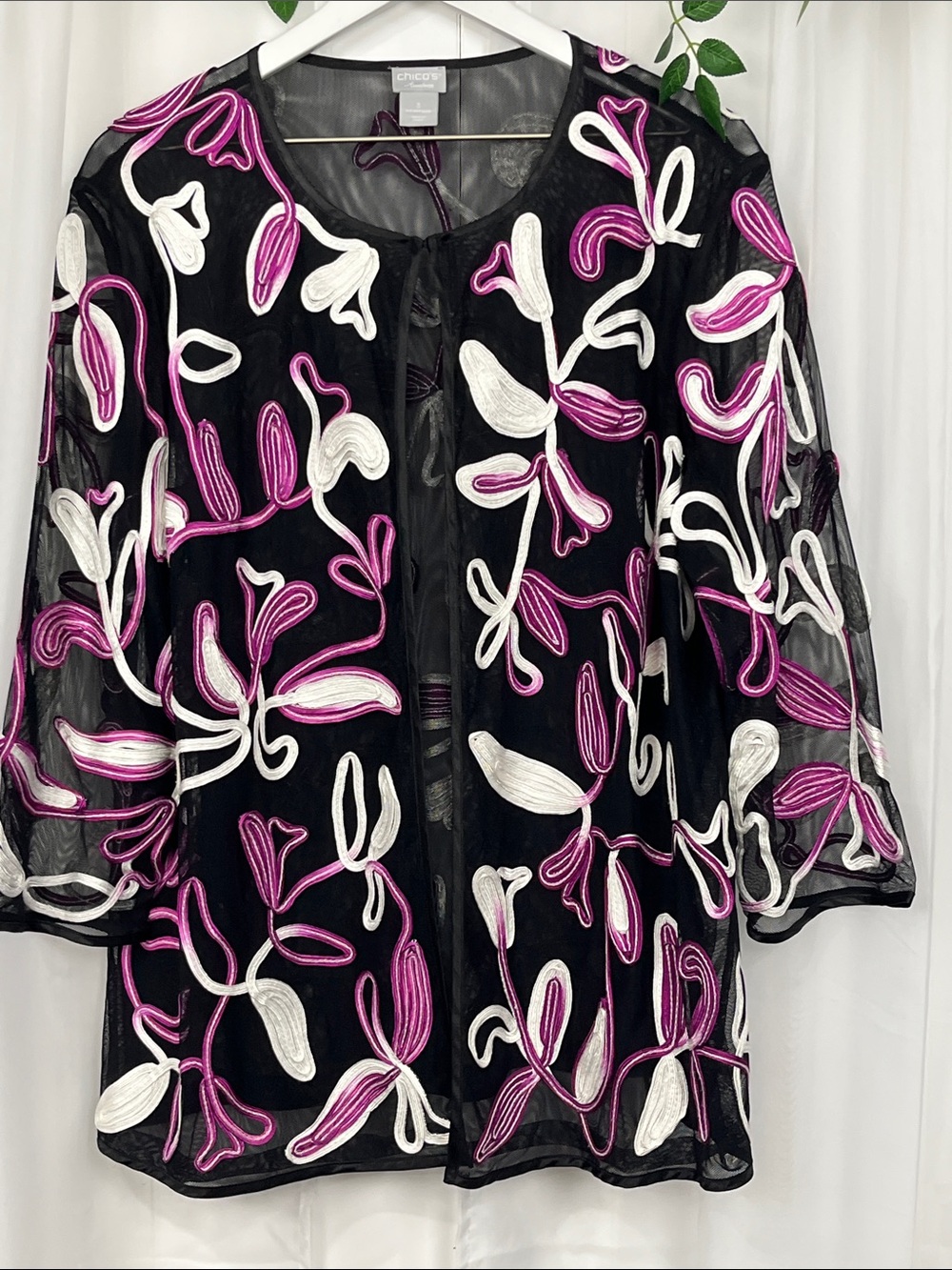 Chico’s Sheer Jacket Top 3 (16-18) Black Pink Floral 3/4 Sleeves Embroidery EUC